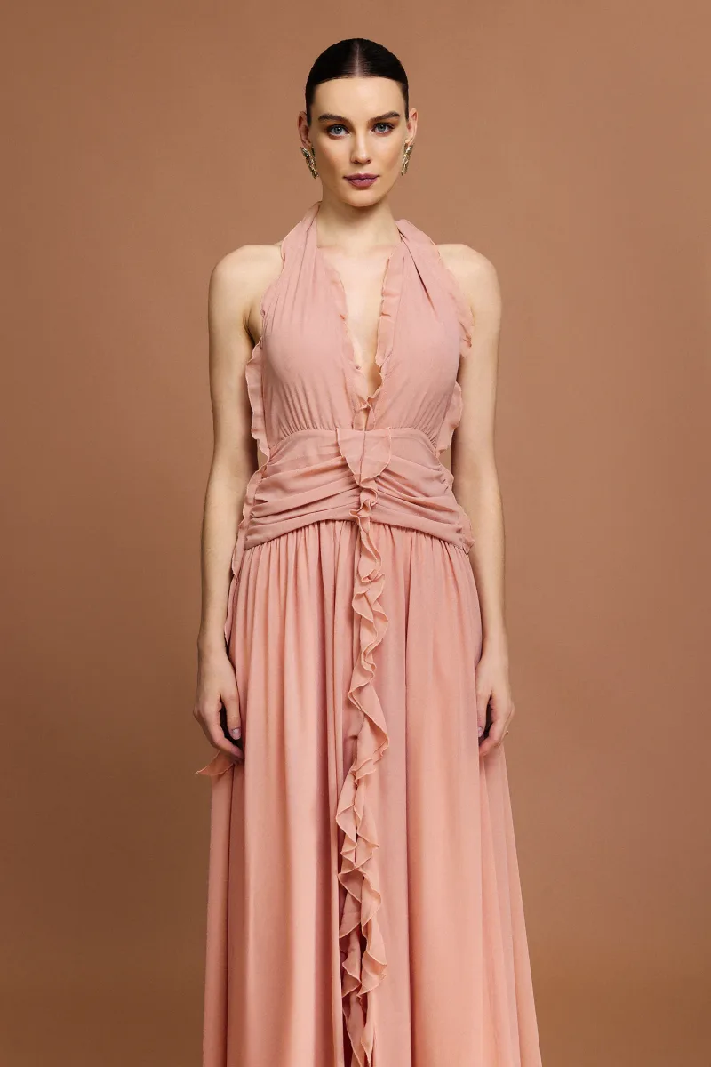 Vestido Pilisa com Decote em V e Pregas