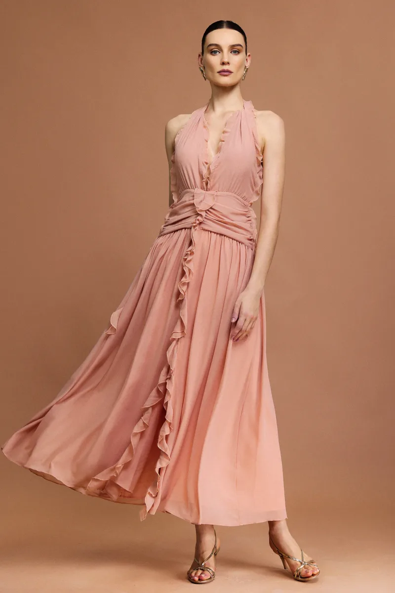 Vestido Pilisa com Decote em V e Pregas