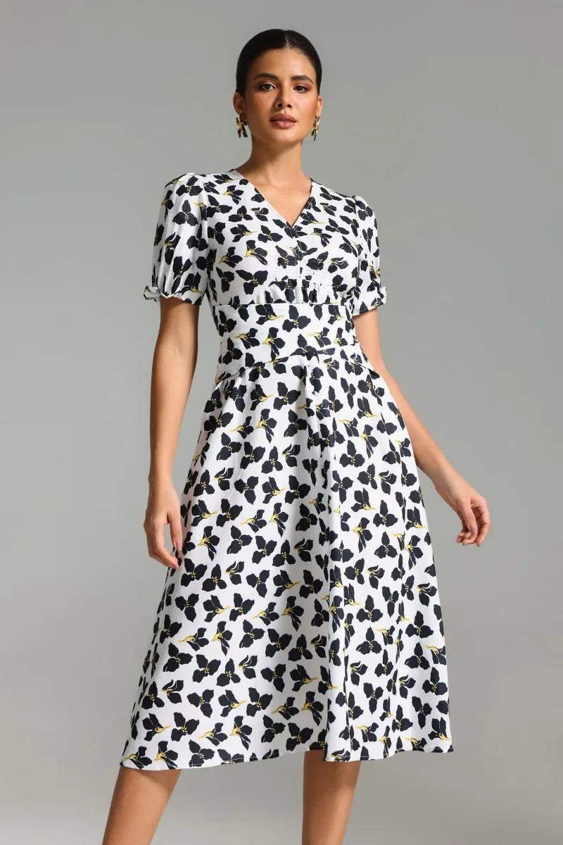 Vestido Midi Ienee com Decote em V e Estampa