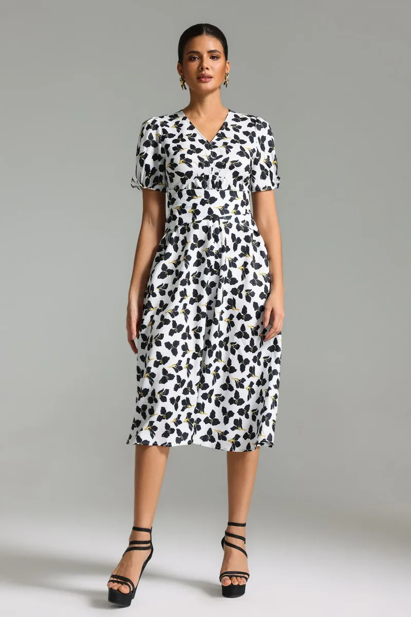 Vestido Midi Ienee com Decote em V e Estampa