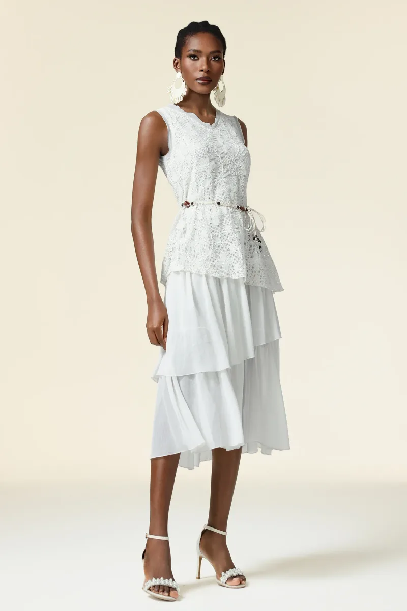 Vestido Midi Edie Decote em V com Pregas em Renda