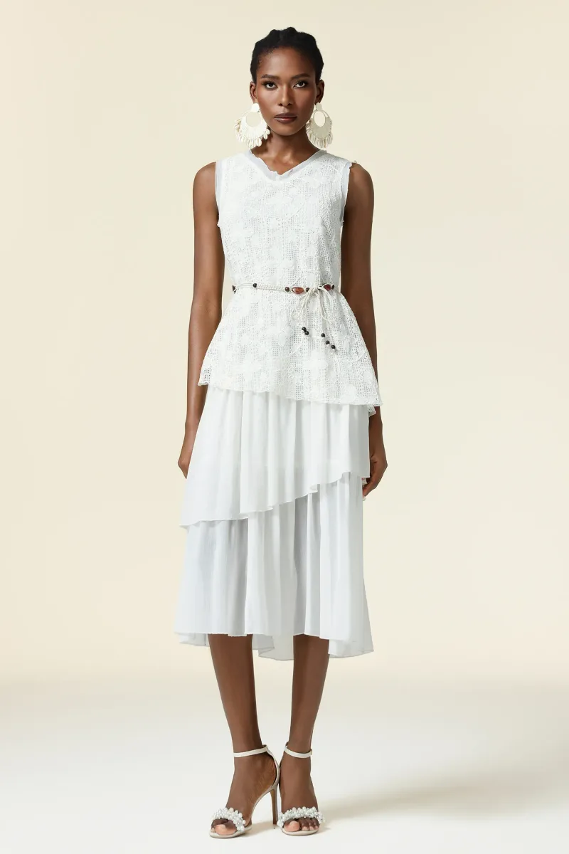 Vestido Midi Edie Decote em V com Pregas em Renda
