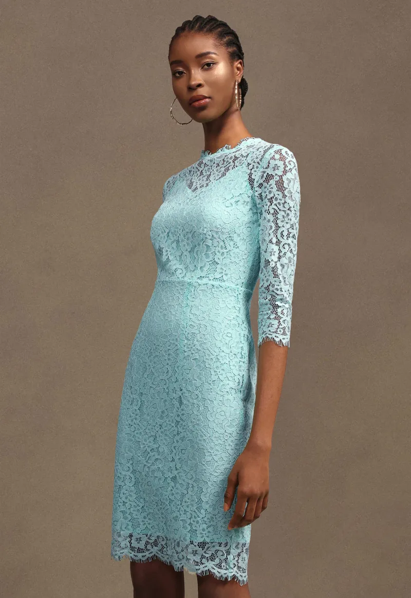 Vestido Midi Kezia Renda Floral Gola Redonda Manga Longa