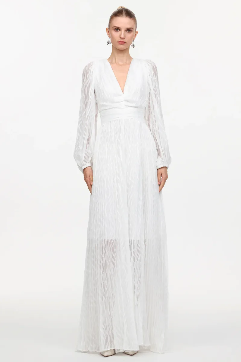 Vestido Maxi Loretta Gola em V Manga Longa Tecido Plissado