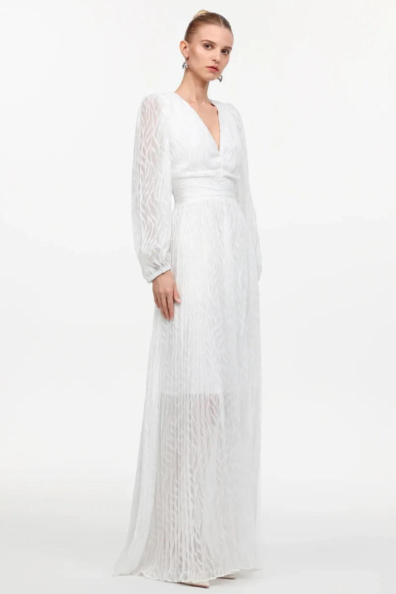 Vestido Maxi Loretta Gola em V Manga Longa Tecido Plissado