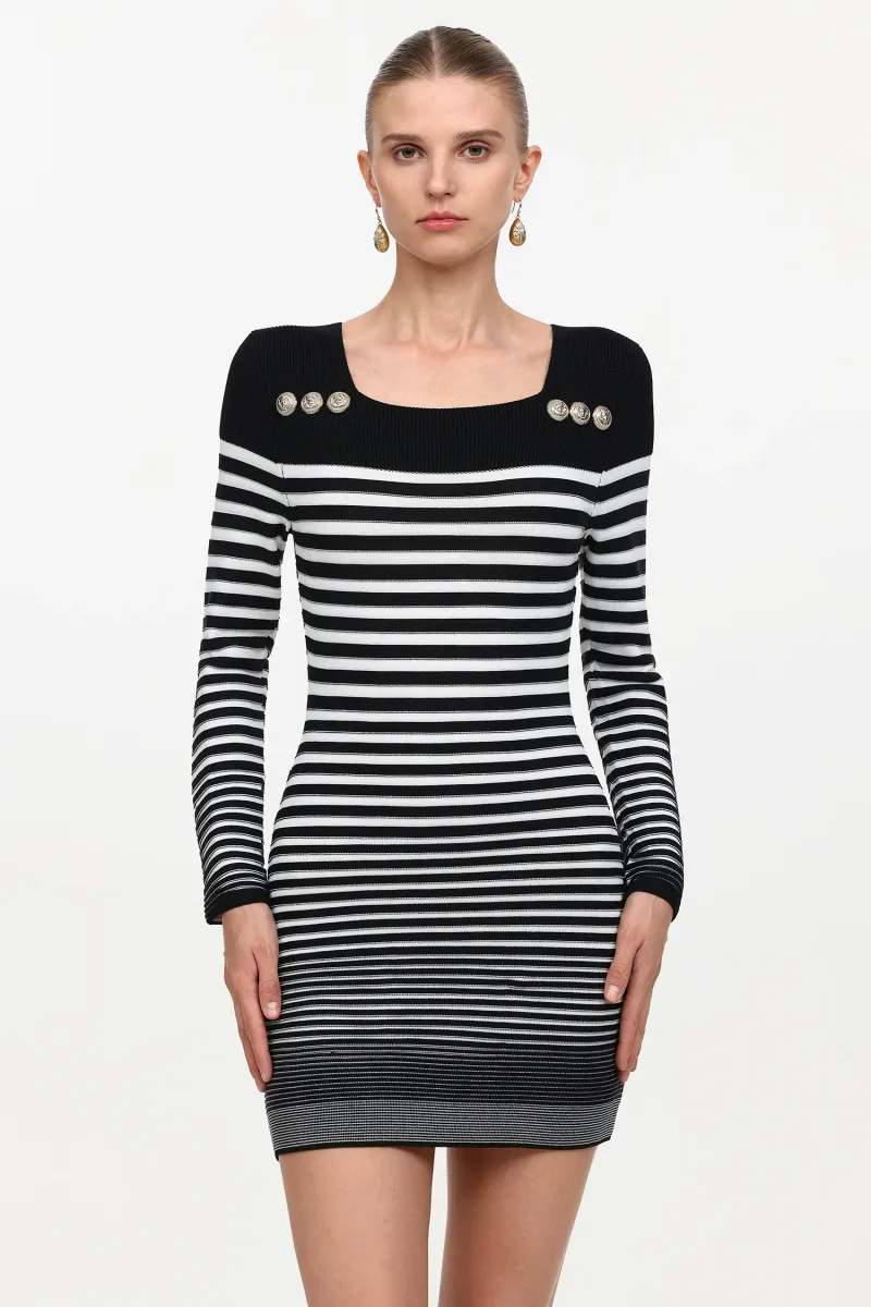 Vestido Mini Irene Malha Listrada Botões Metálicos Manga Longa