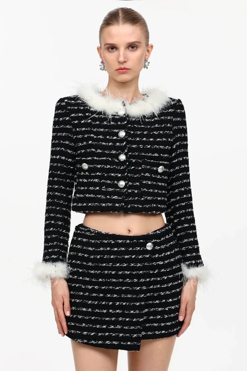 Two-Piece Verza Tweed com Plumas Manga Longa