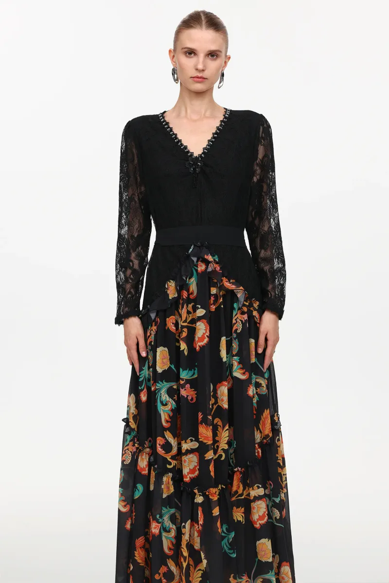Vestido Maxi Erina em Renda Estampada com Manga Longa