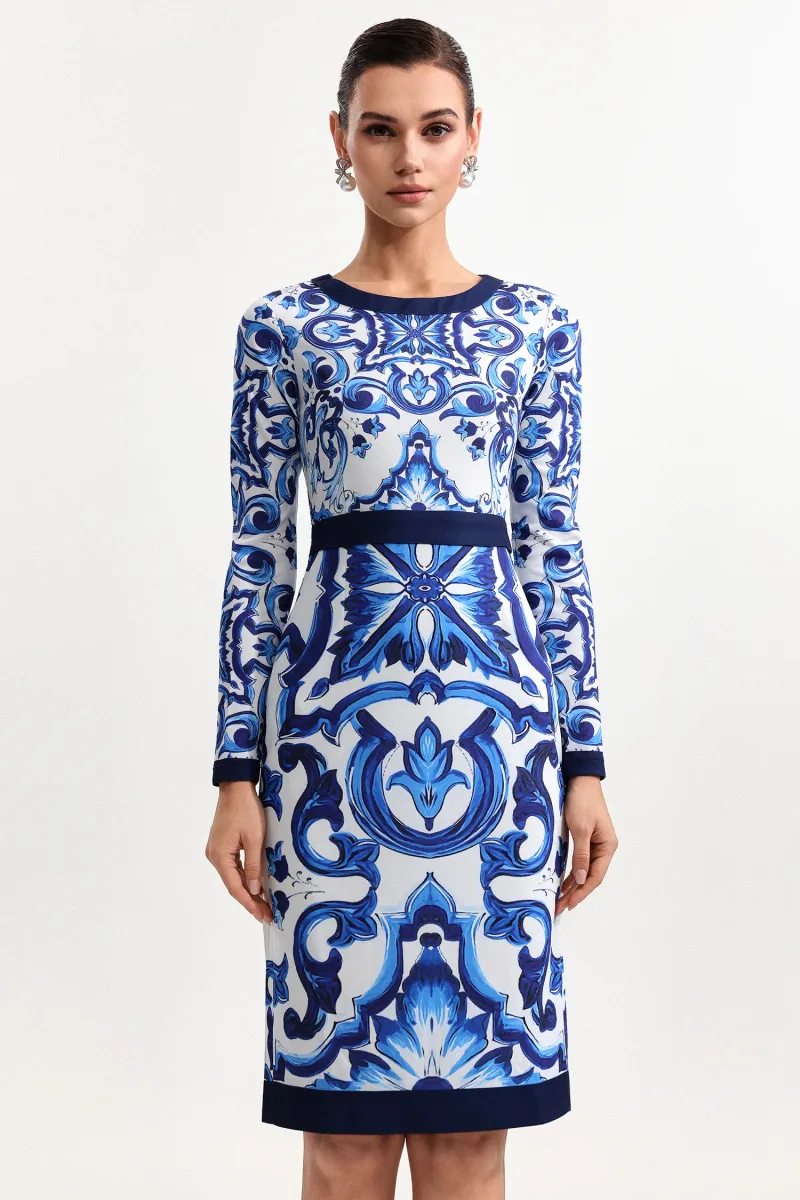 Vestido Midi Nerlii Decote Redondo Manga Longa em Tecido Estampado
