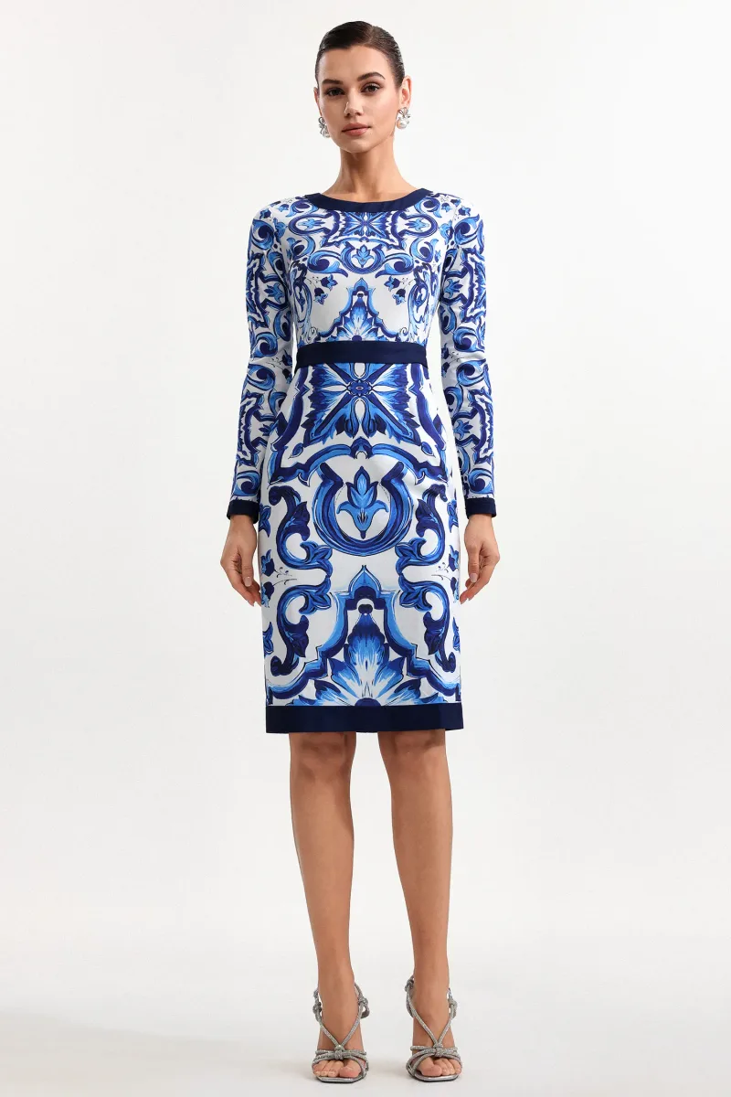 Vestido Midi Nerlii Decote Redondo Manga Longa em Tecido Estampado