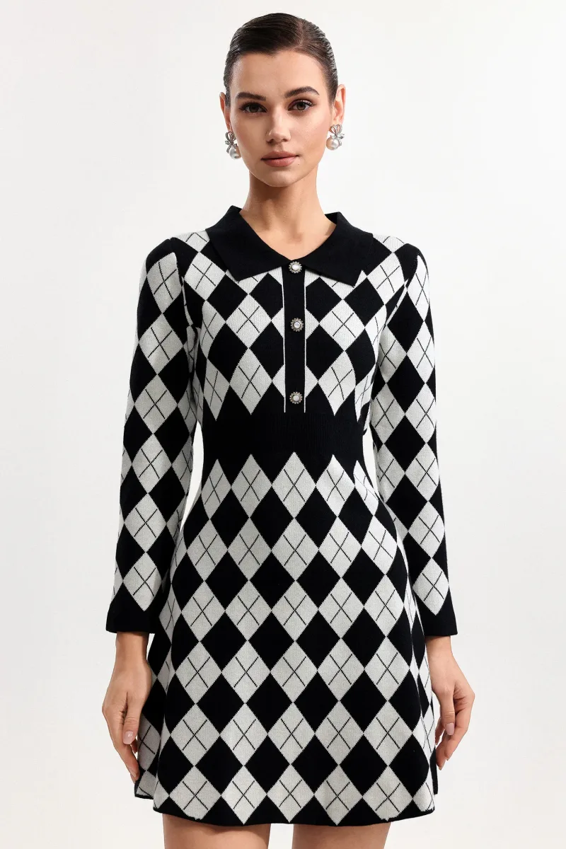 Vestido Mini Deirdre Manga Longa em Tricô Argyle