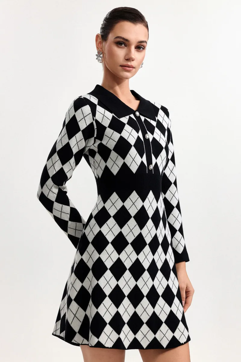 Vestido Mini Deirdre Manga Longa em Tricô Argyle