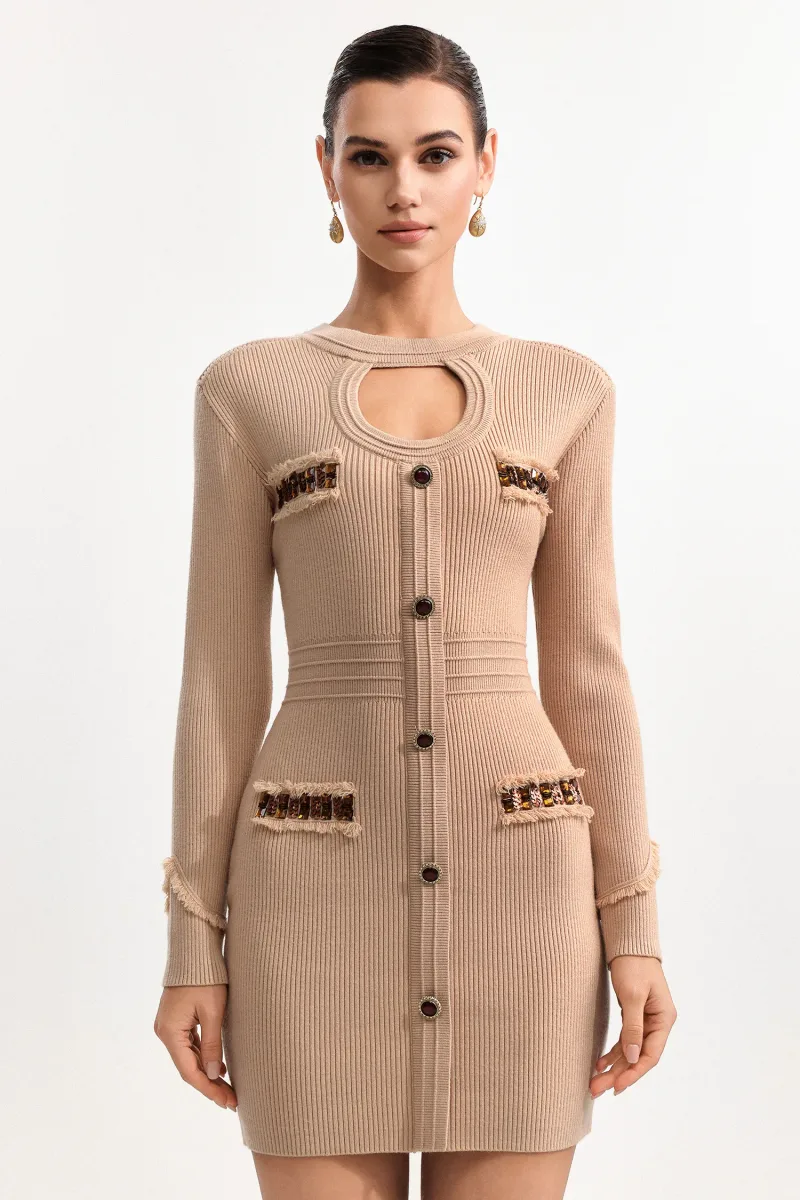 Vestido Mini Karmen Manga Longa em Tricô