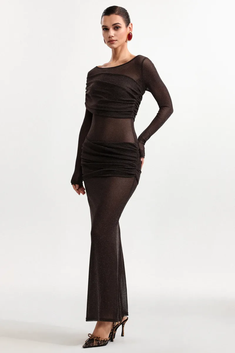 Vestido Maxi Moony em Tule Plissado com Manga Longa