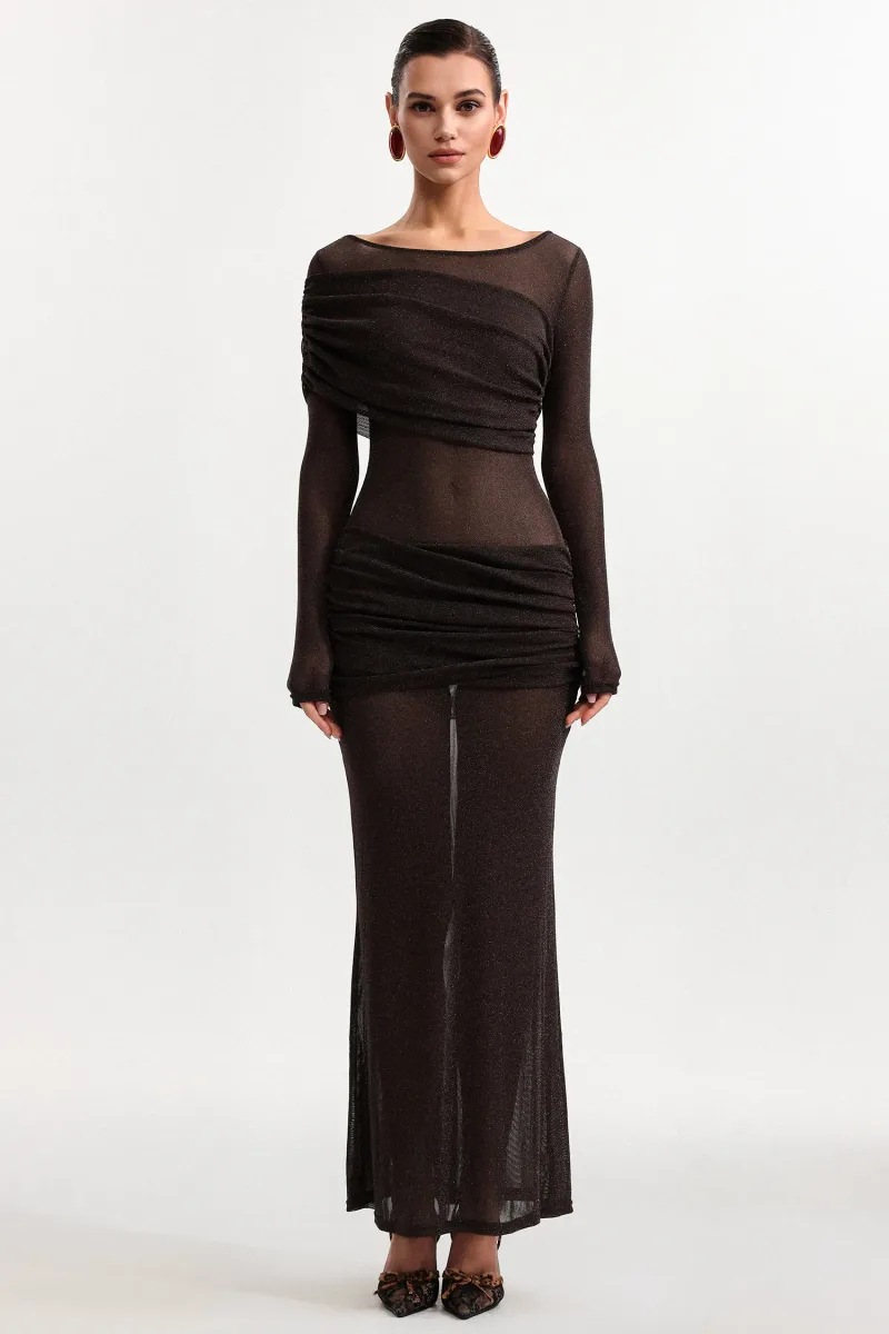 Vestido Maxi Moony em Tule Plissado com Manga Longa