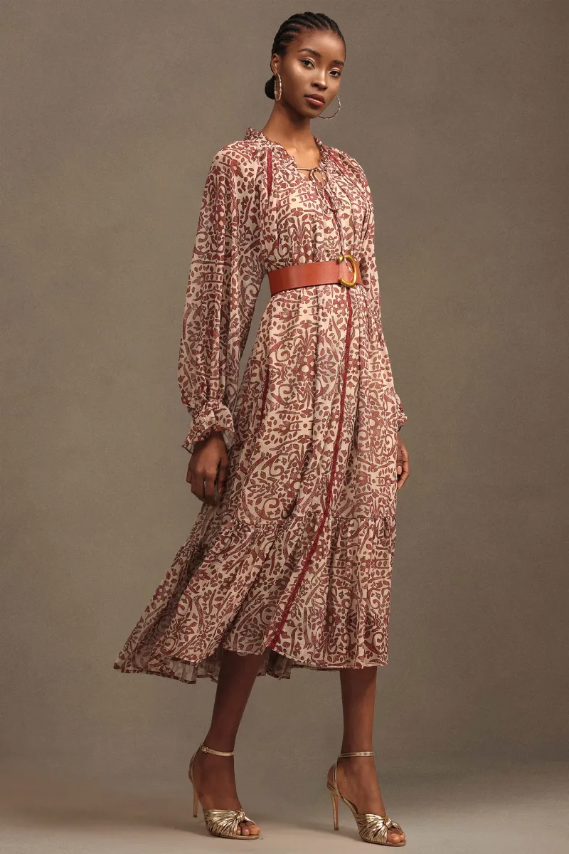 Vestido Dolo em Chiffon Estampado Manga Longa Maxi