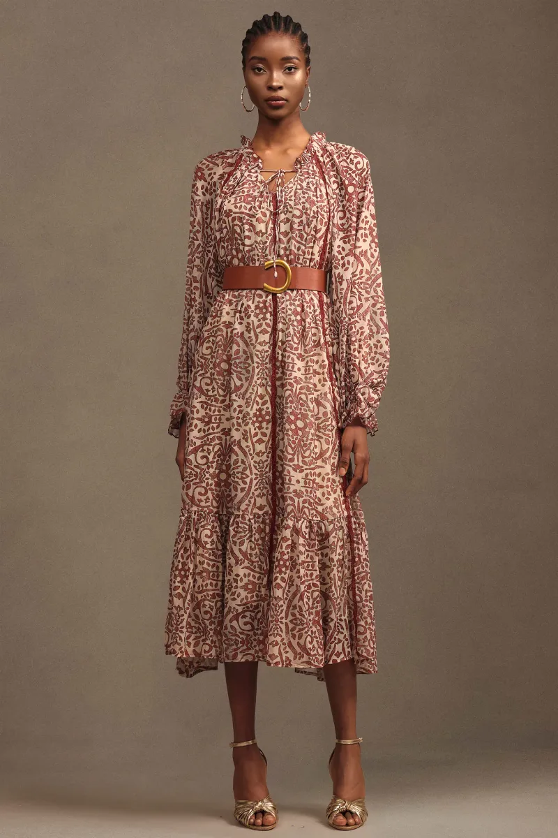 Vestido Dolo em Chiffon Estampado Manga Longa Maxi