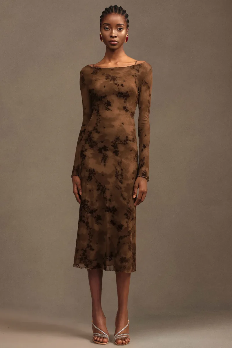 Vestido Jinx em Mesh Manga Longa Midi
