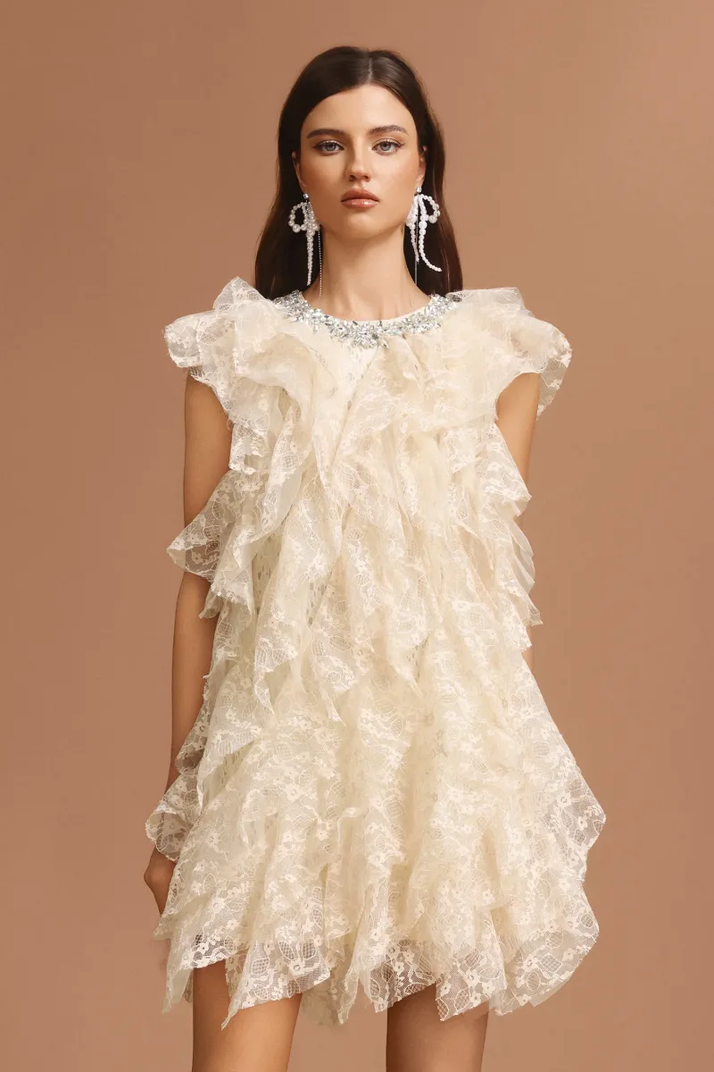 Vestido Mini Waner Gola Redonda Sem Mangas com Detalhes Geométricos