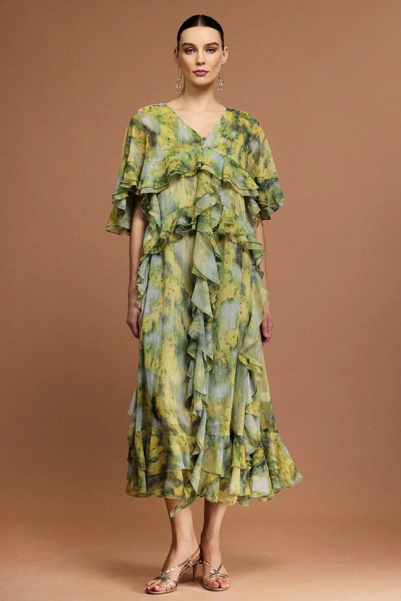 Vestido Maxi Kasai com Decote em V e Pregas Estampadas