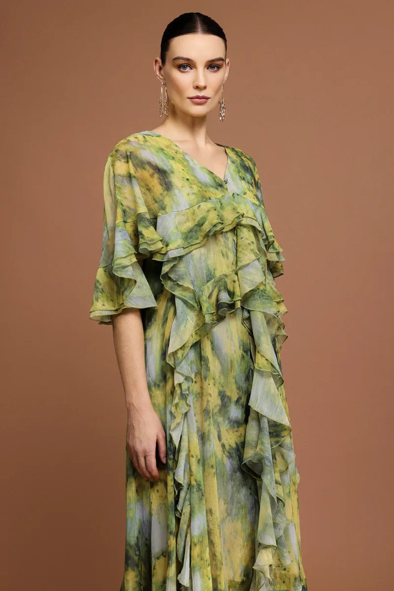 Vestido Maxi Kasai com Decote em V e Pregas Estampadas