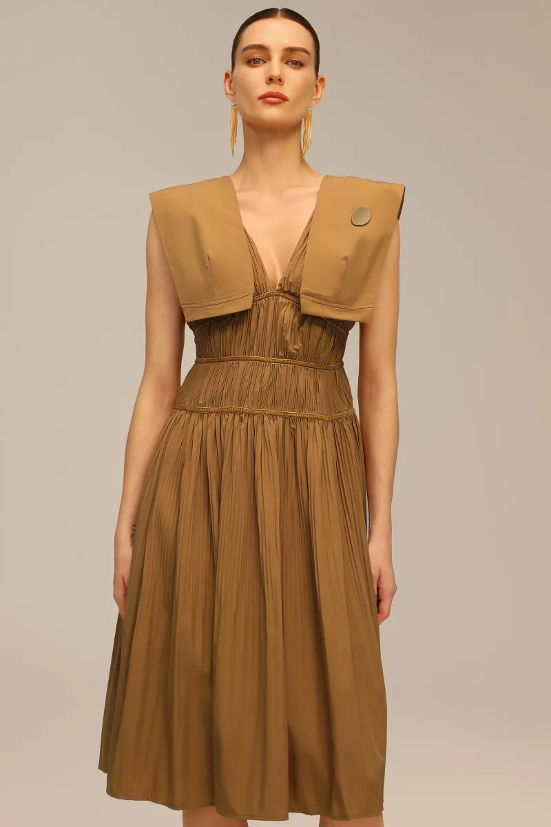 Vestido Midi Tiza com Decote em V sem Mangas