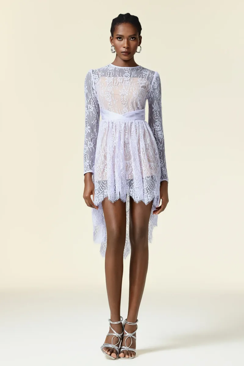 Vestido Mini Twyla com Renda Floral e Mangas Longas