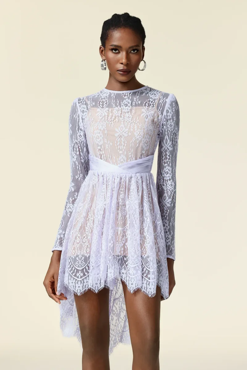 Vestido Mini Twyla com Renda Floral e Mangas Longas