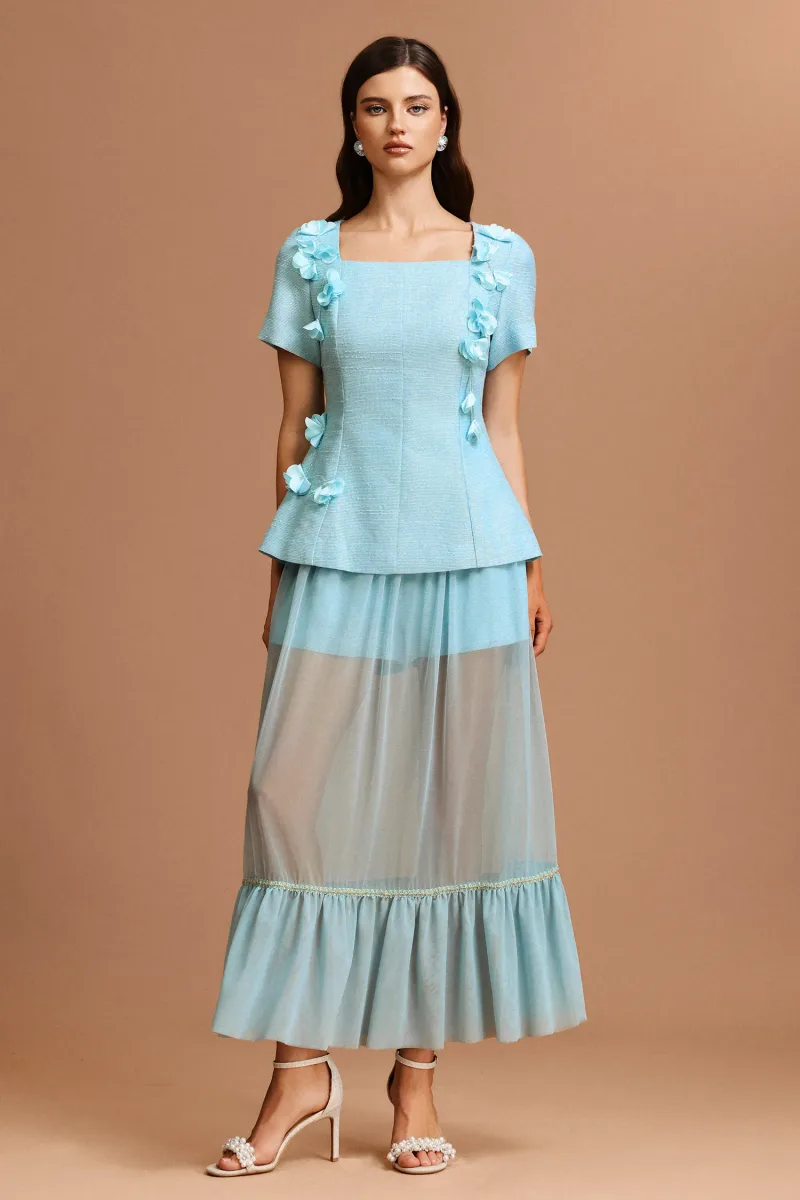 Conjunto Linnaea Blusa Manga Curta com Flores e Pregas