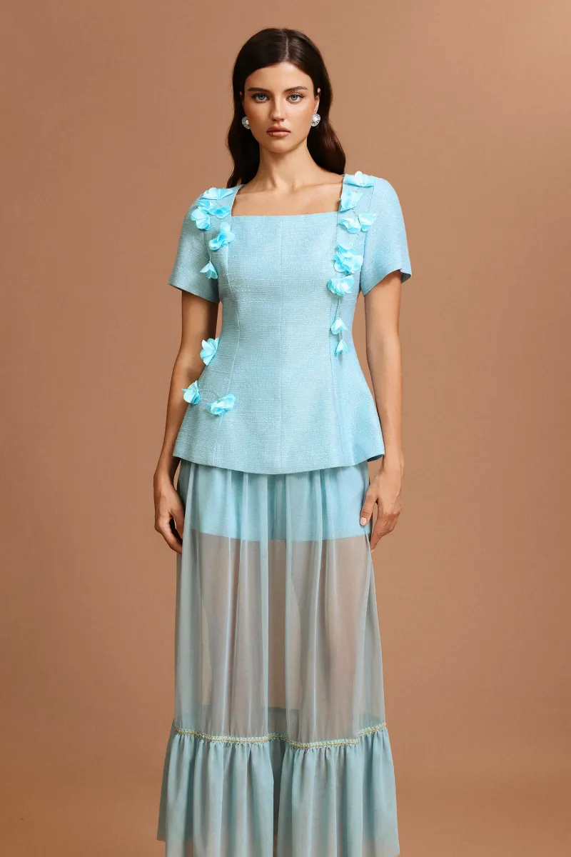 Conjunto Linnaea Blusa Manga Curta com Flores e Pregas