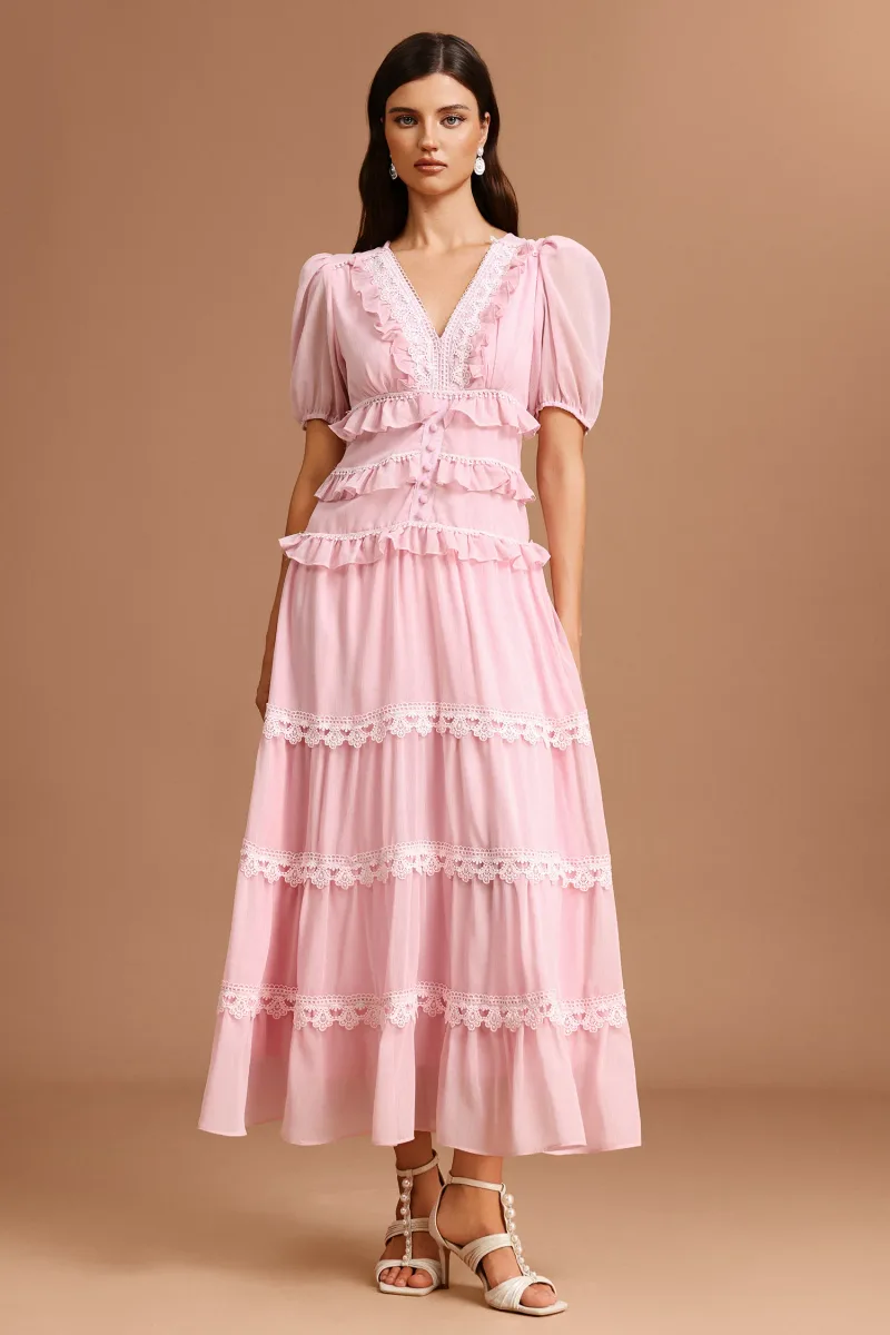 Vestido Jye Decote V Manga Puff com Renda Maxi