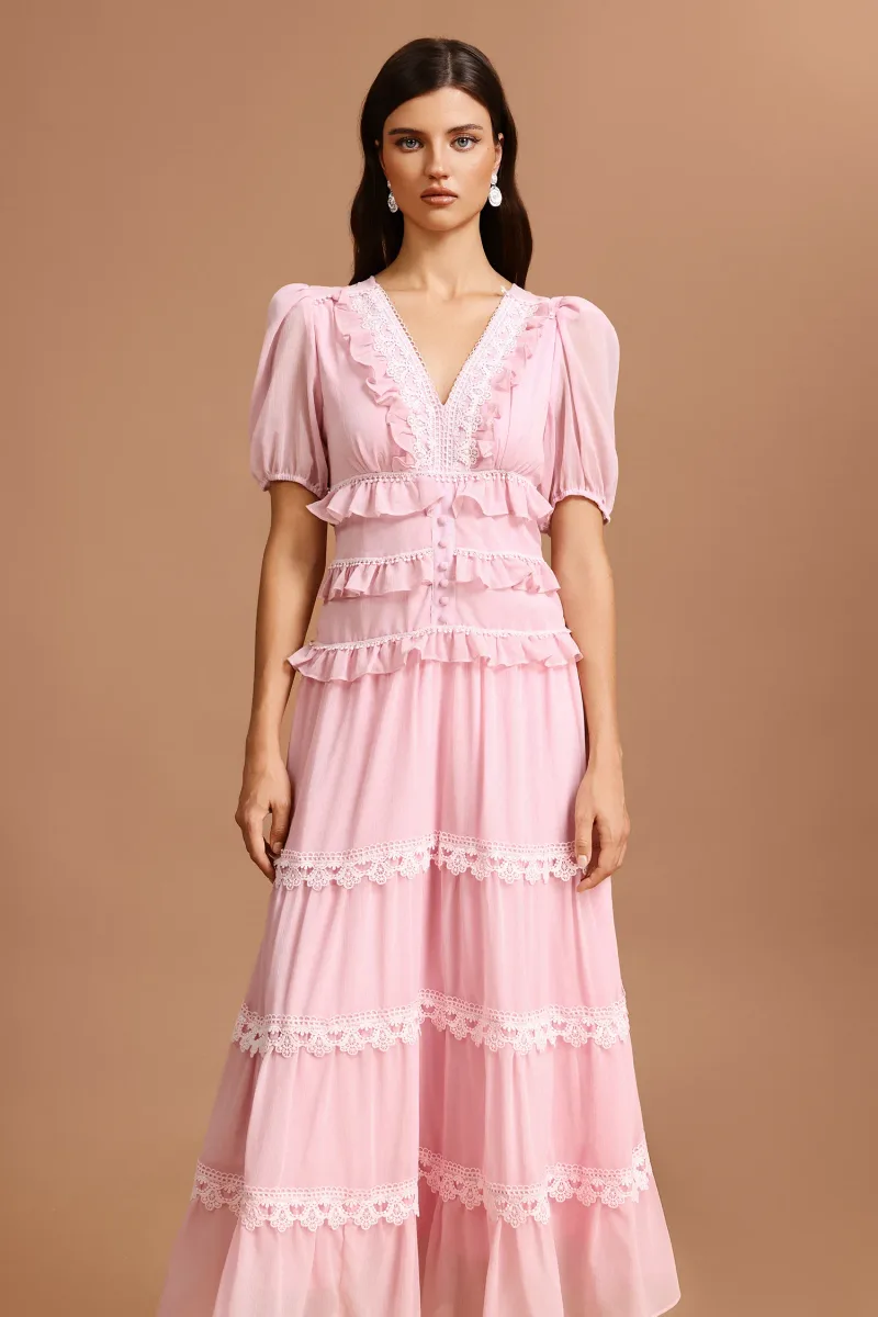 Vestido Jye Decote V Manga Puff com Renda Maxi
