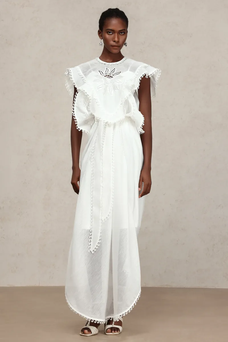 Vestido Halli Renda Bordada com Pregas Maxi