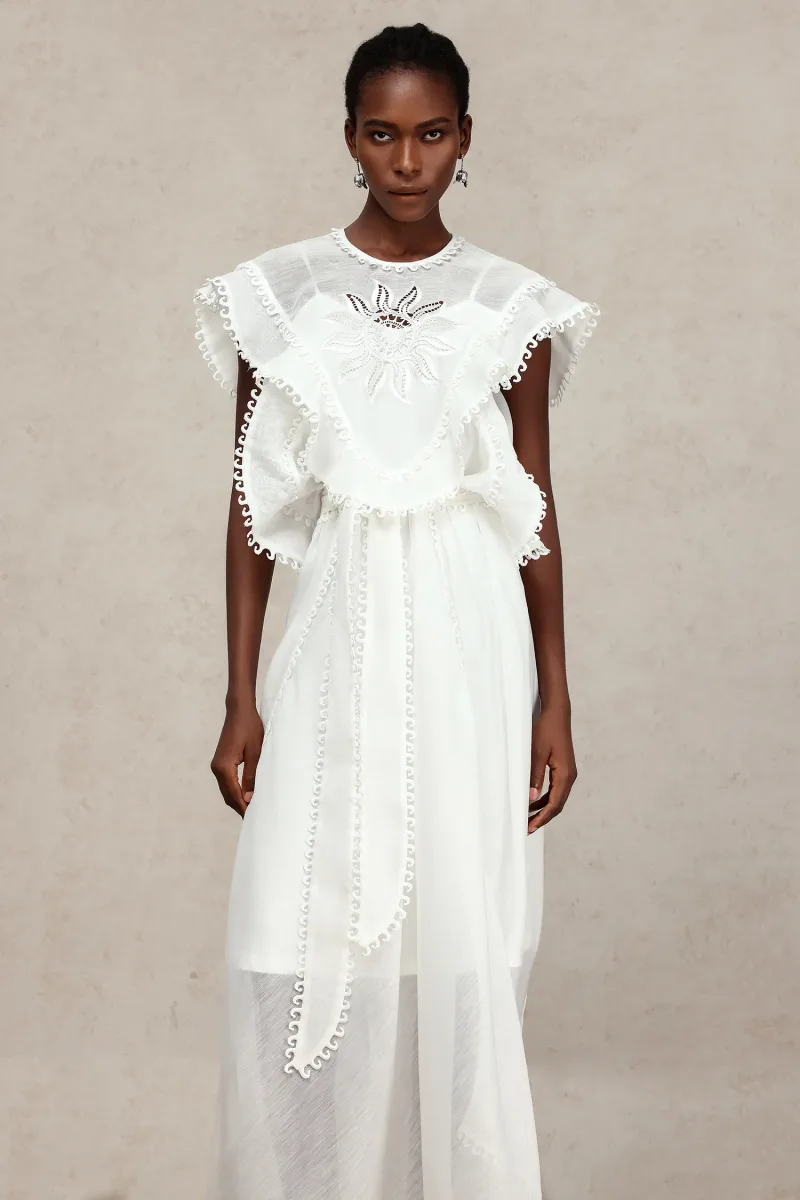 Vestido Halli Renda Bordada com Pregas Maxi