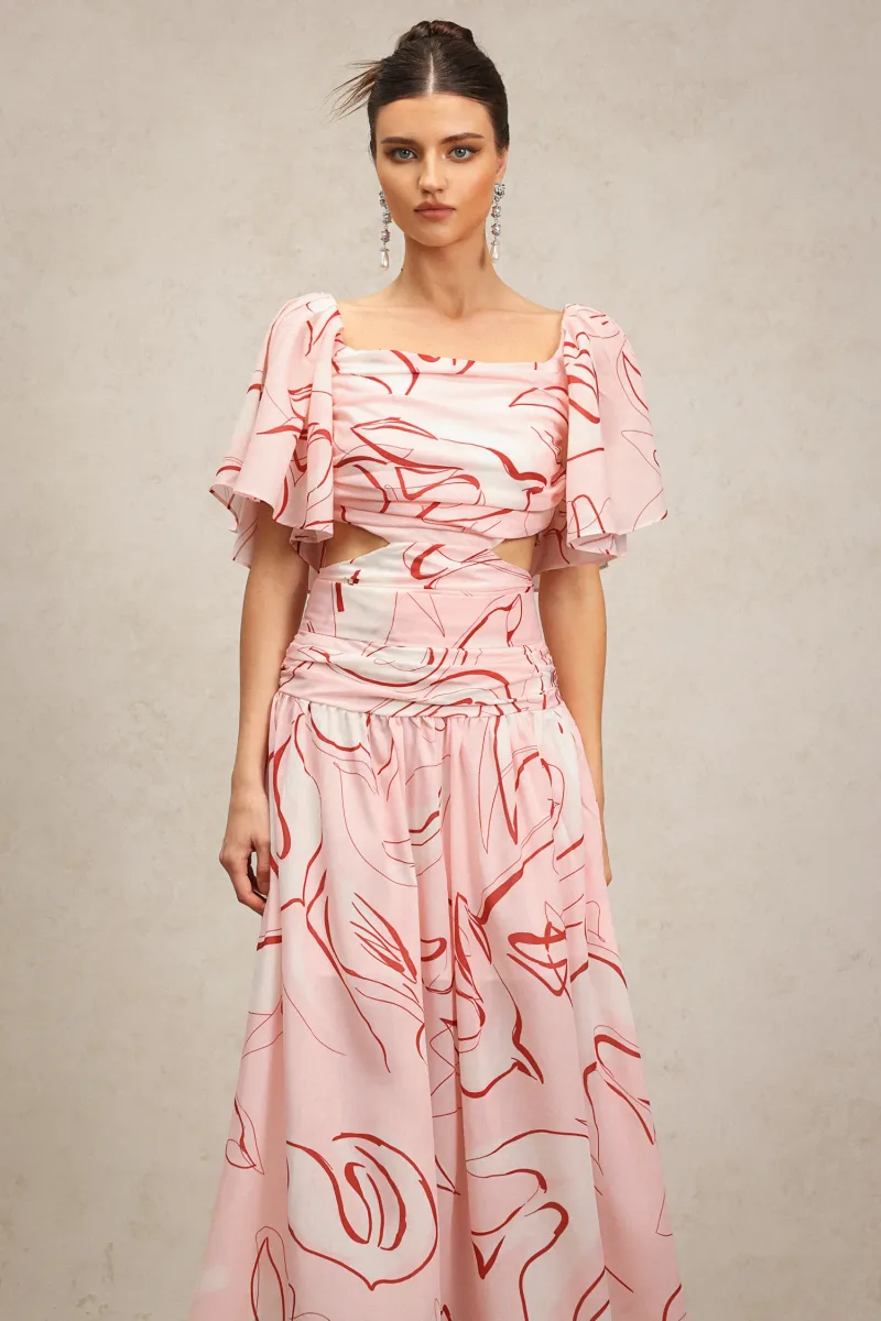 Vestido Jillian com Pregas e Mangas Bufantes Comprimento Maxi
