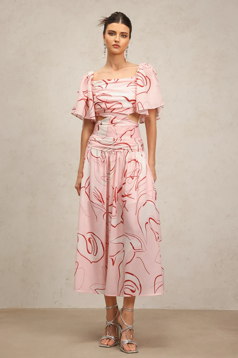 Vestido Jillian com Pregas e Mangas Bufantes Comprimento Maxi