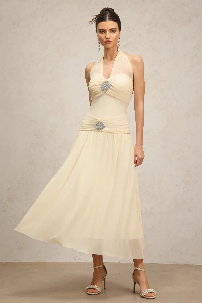 Vestido Janiyah Sem Mangas com Pregas e Detalhe Geométrico Comprimento Maxi