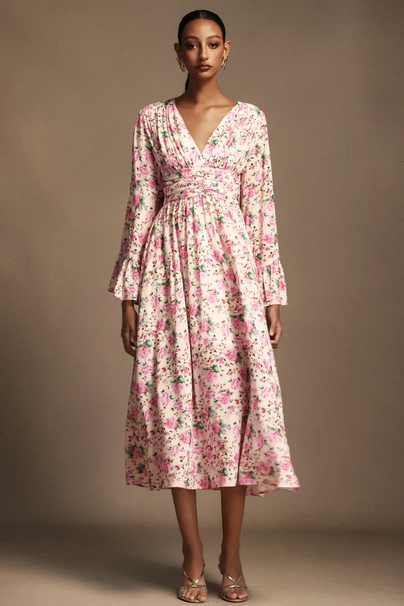 Vestido Midi Lexie com Decote em V e Mangas Compridas