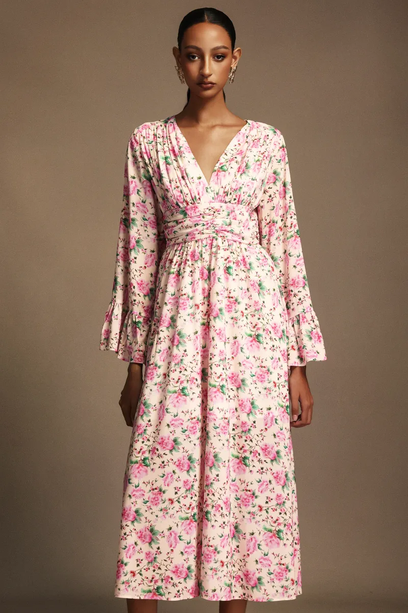Vestido Midi Lexie com Decote em V e Mangas Compridas