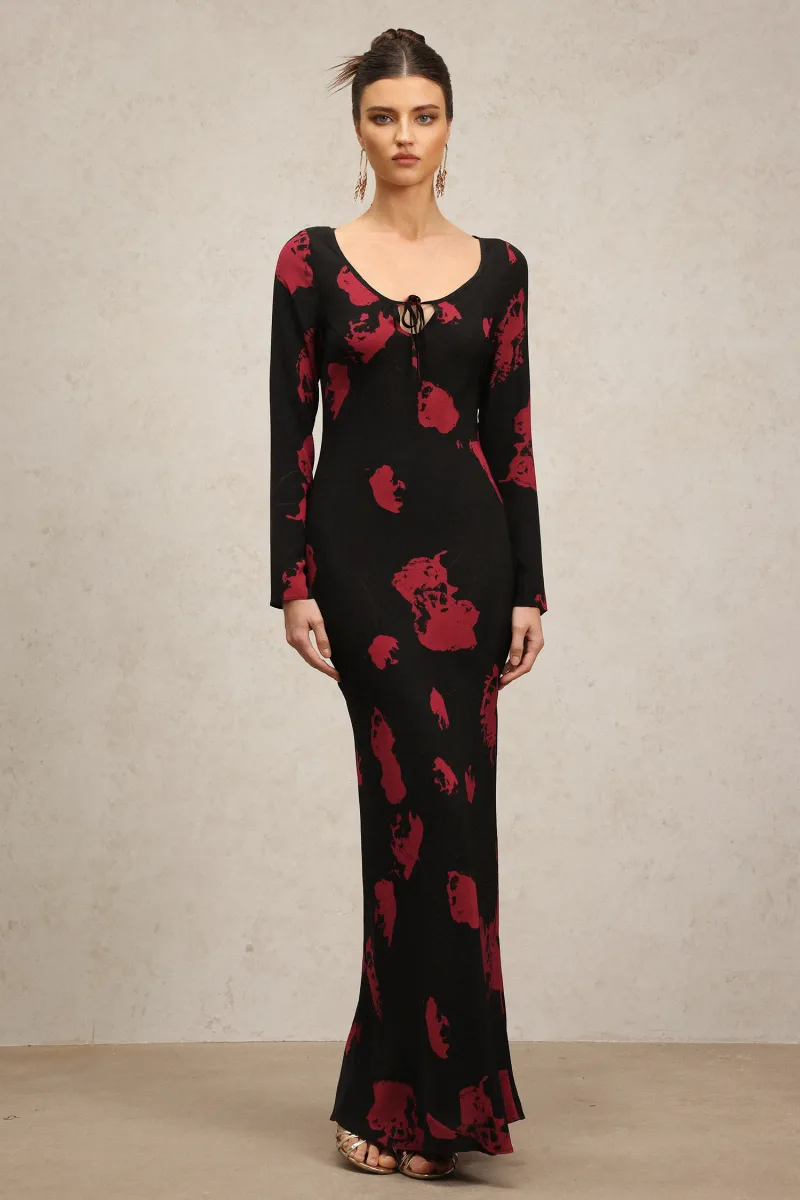 Vestido Maxi Monroe com Gola V e Manga Longa Estampada