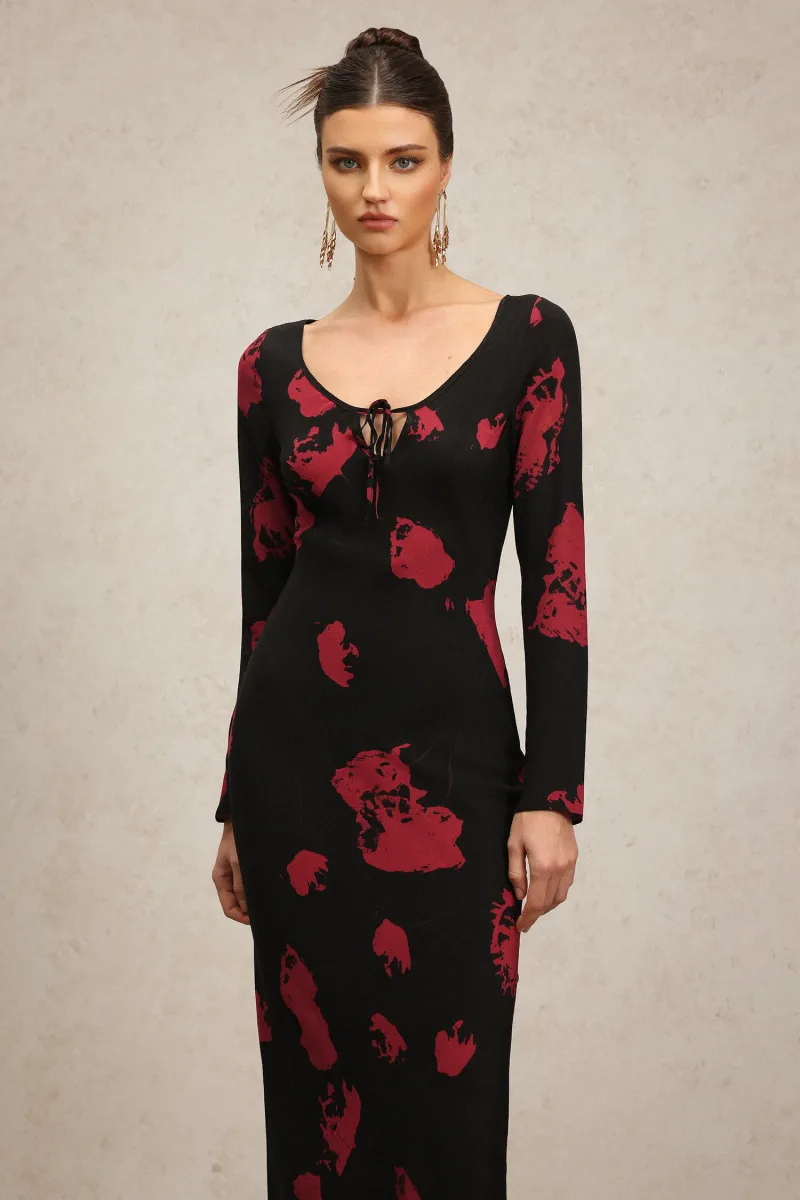Vestido Maxi Monroe com Gola V e Manga Longa Estampada