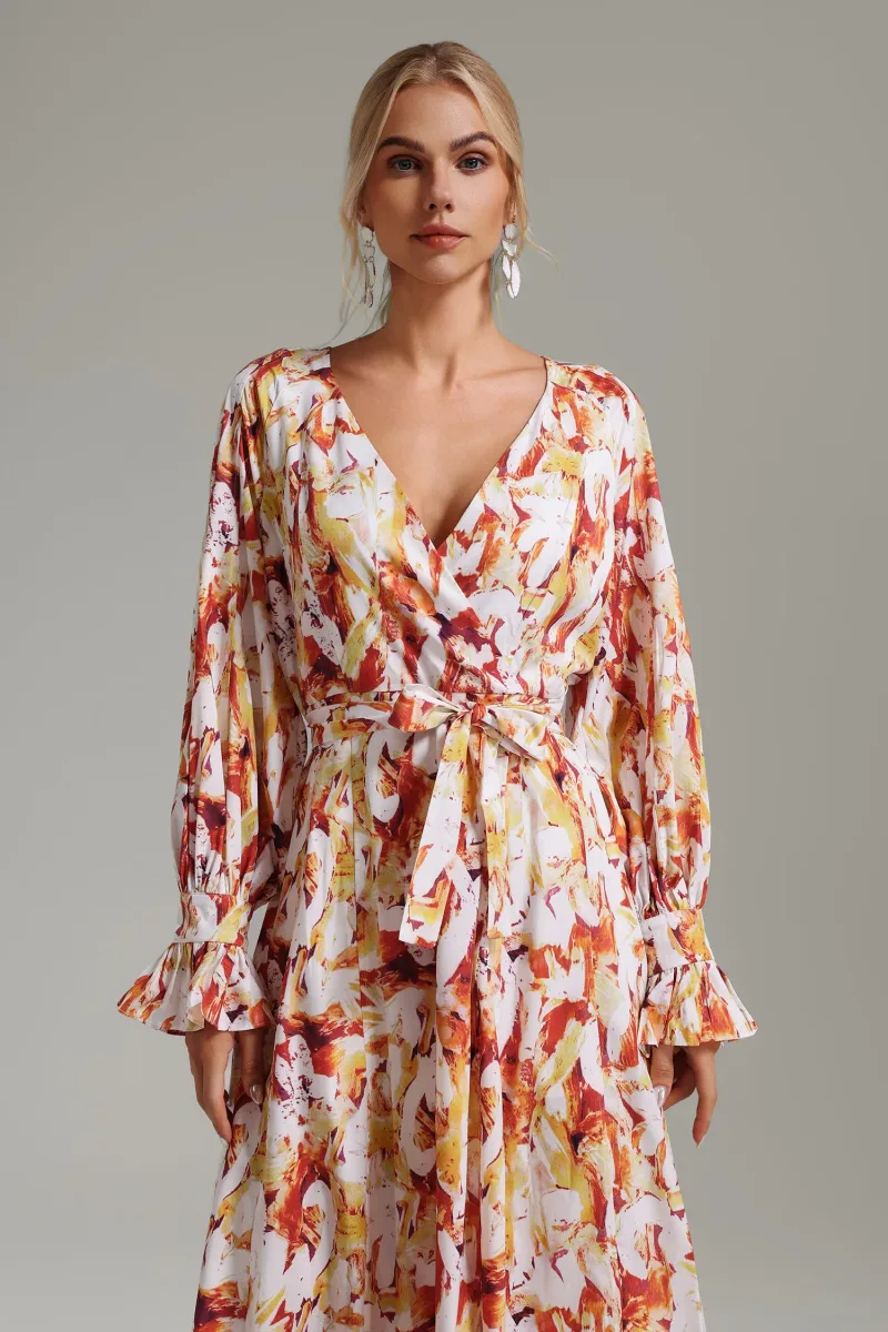 Vestido Roline com Decote V e Estampa