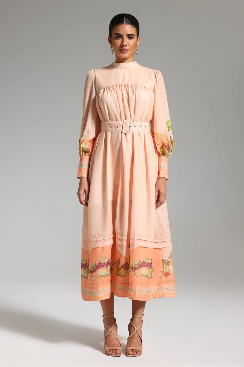 Vestido Midi Kimaya com Mangas Compridas Estampado