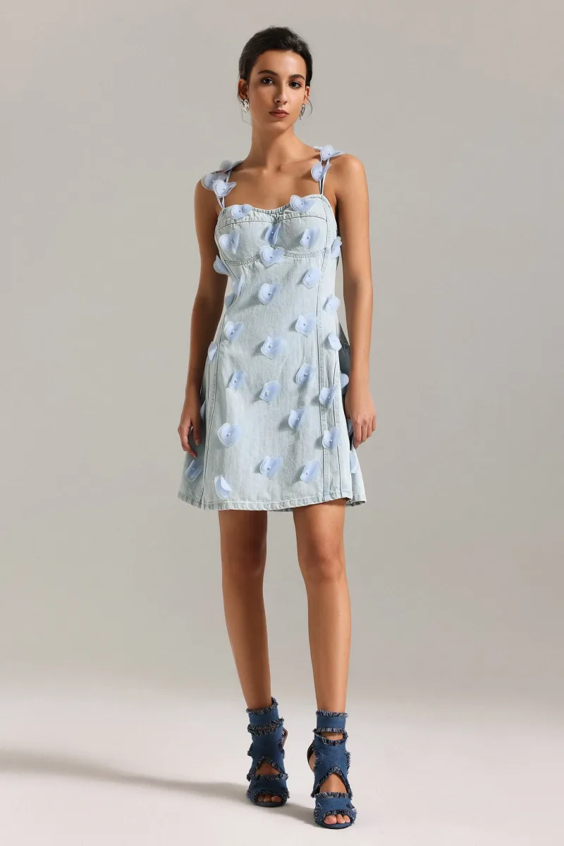 Vestido Mini Halter Olivia Flowers em Denim