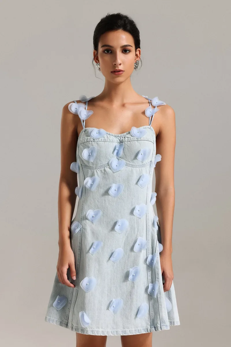 Vestido Mini Halter Olivia Flowers em Denim