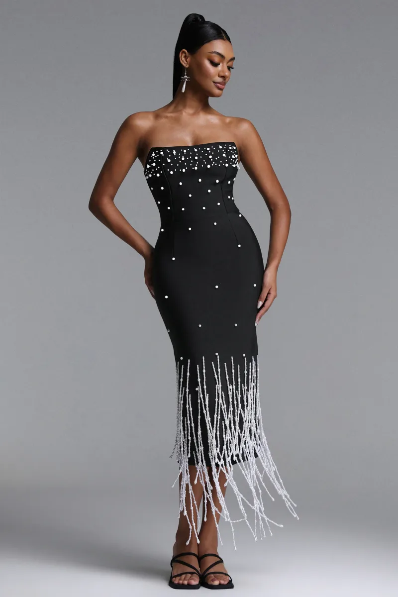 Vestido Maxi Lafare com Franja de Pérolas