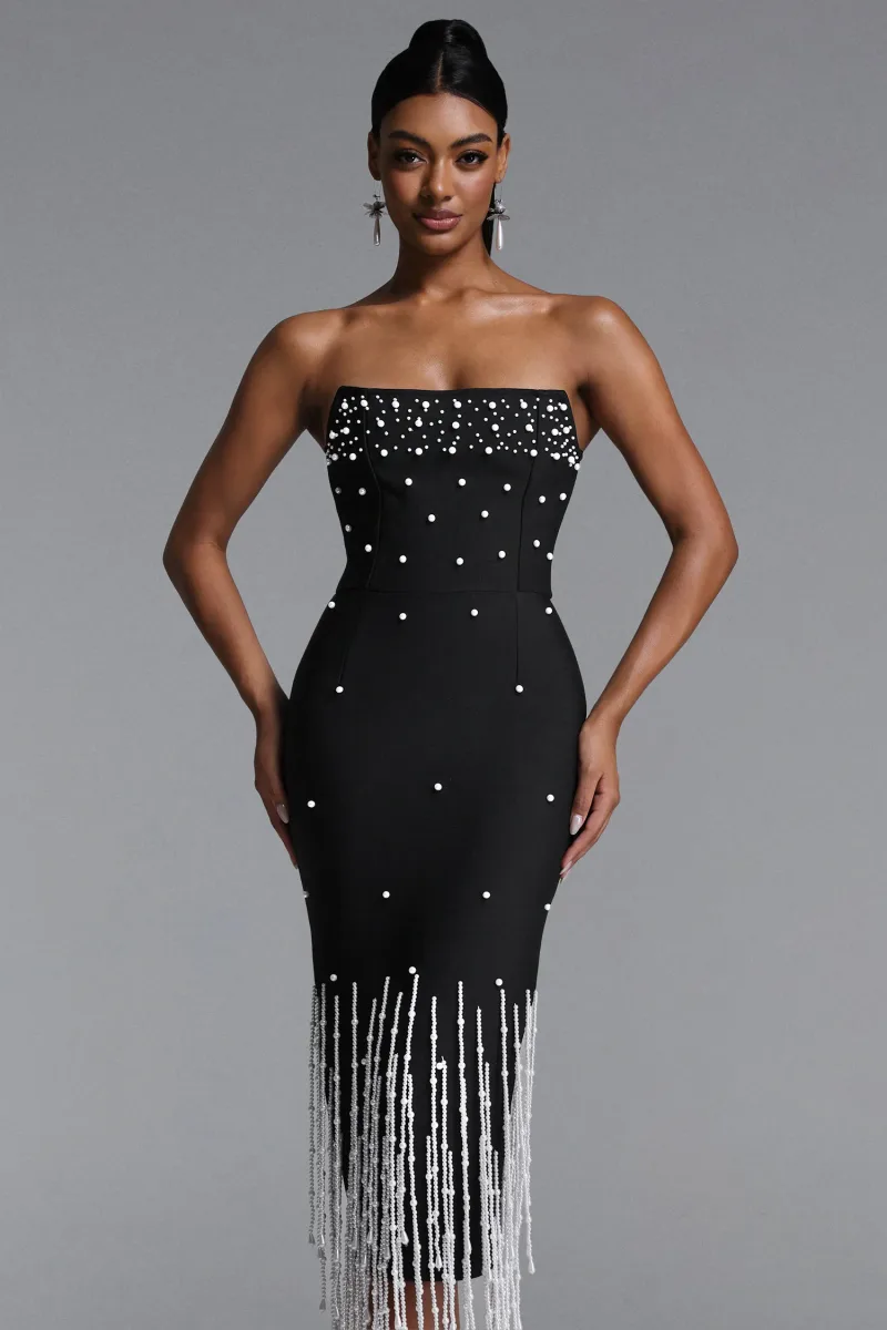 Vestido Maxi Lafare com Franja de Pérolas