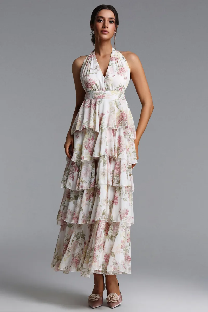 Vestido Silas Maxi com Amarração Halter e Estampa Floral