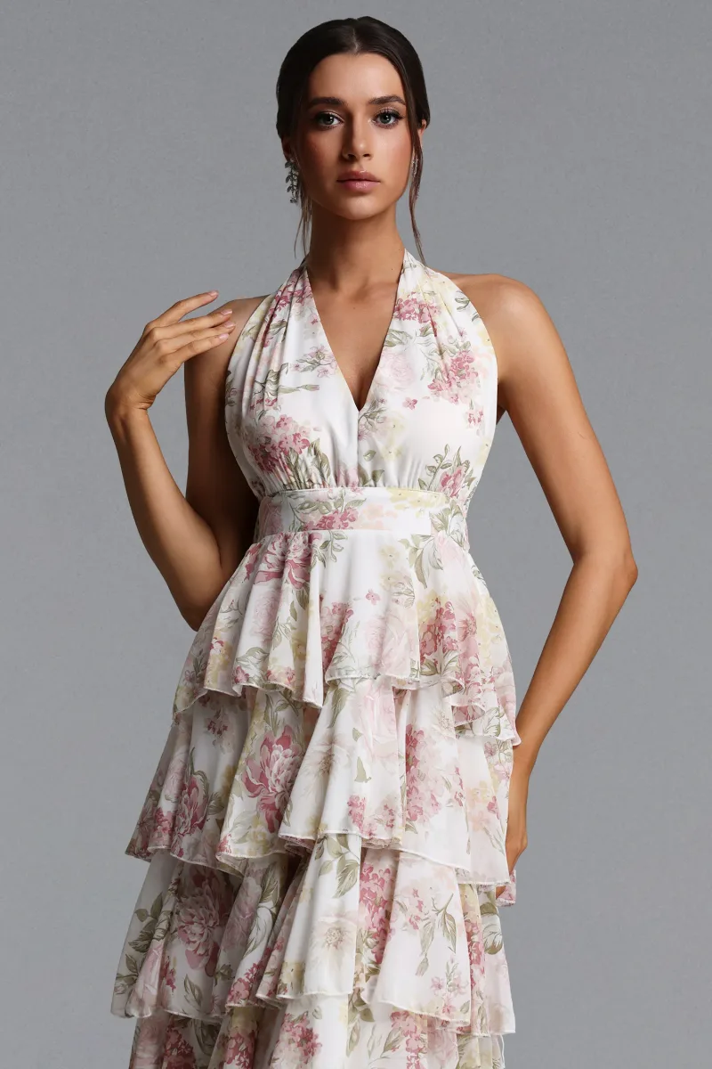 Vestido Silas Maxi com Amarração Halter e Estampa Floral