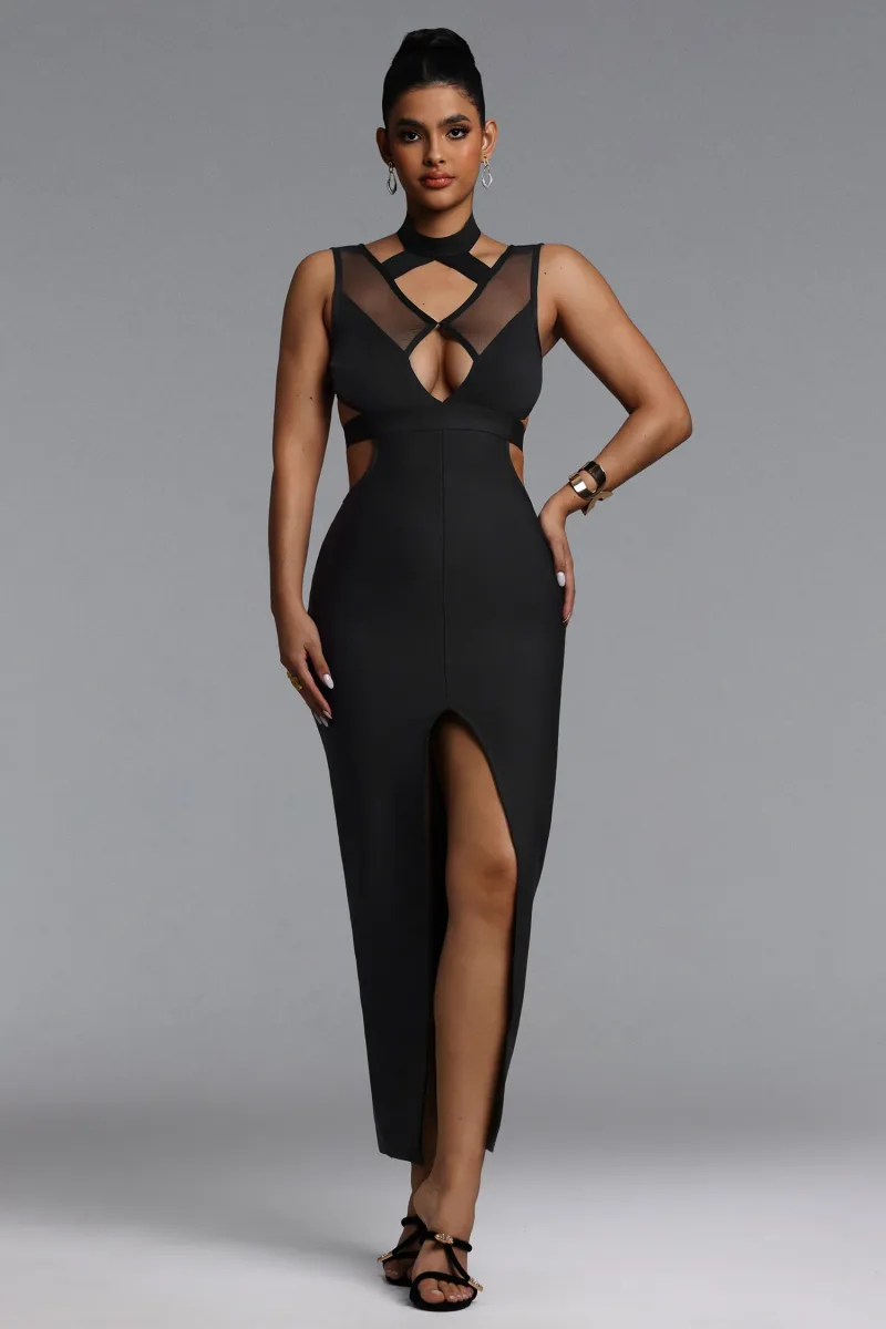 Vestido Maxi Valri com Recorte e Efeito Bandage